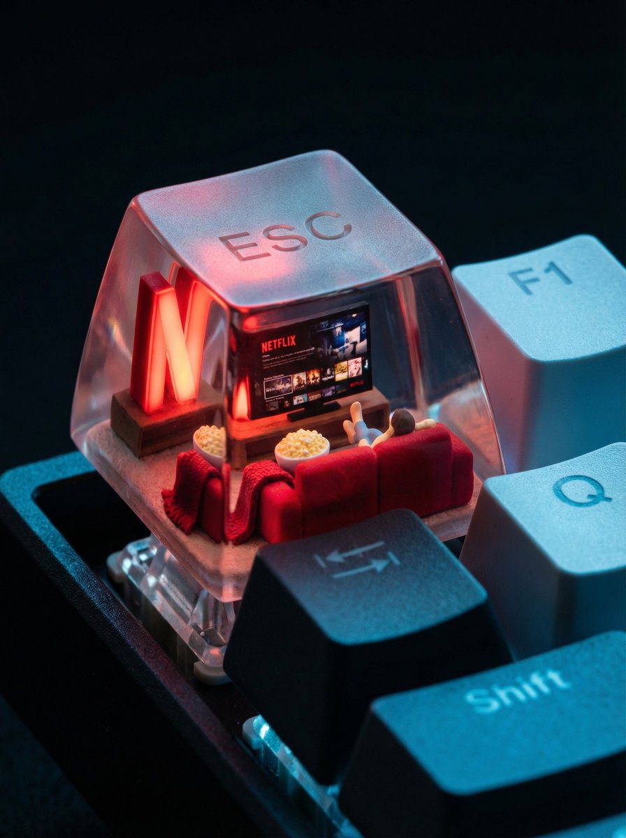 A photorealistic ESC keycap scene shows a miniature cozy living room setup. I...