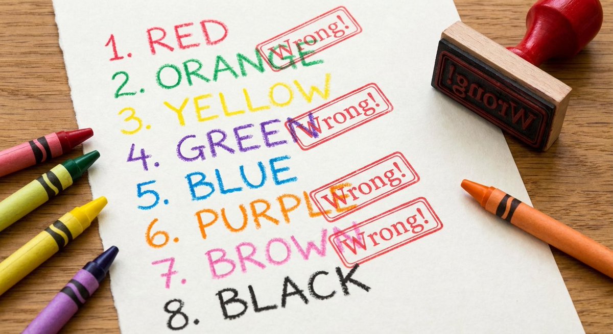 A list of eight color names is written in crayons of the corresponding color,...