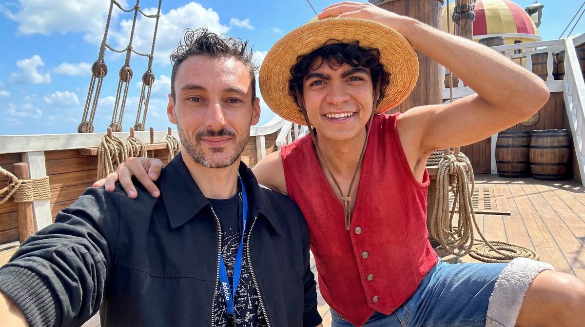 Place Monkey D. Luffy next to the man, smiling widely with his straw hat tilt...