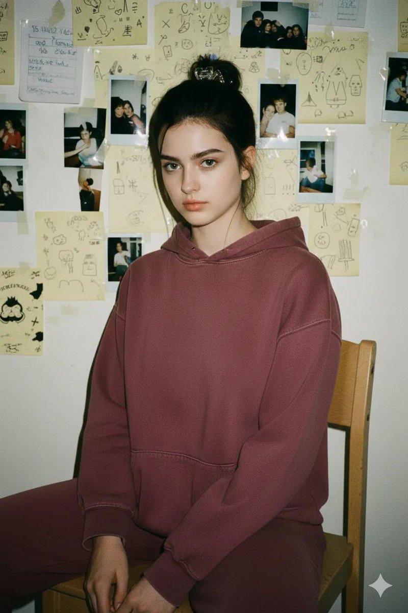 Same face, hit with an unforgiving flash that nukes the shadows. Her hair is ...