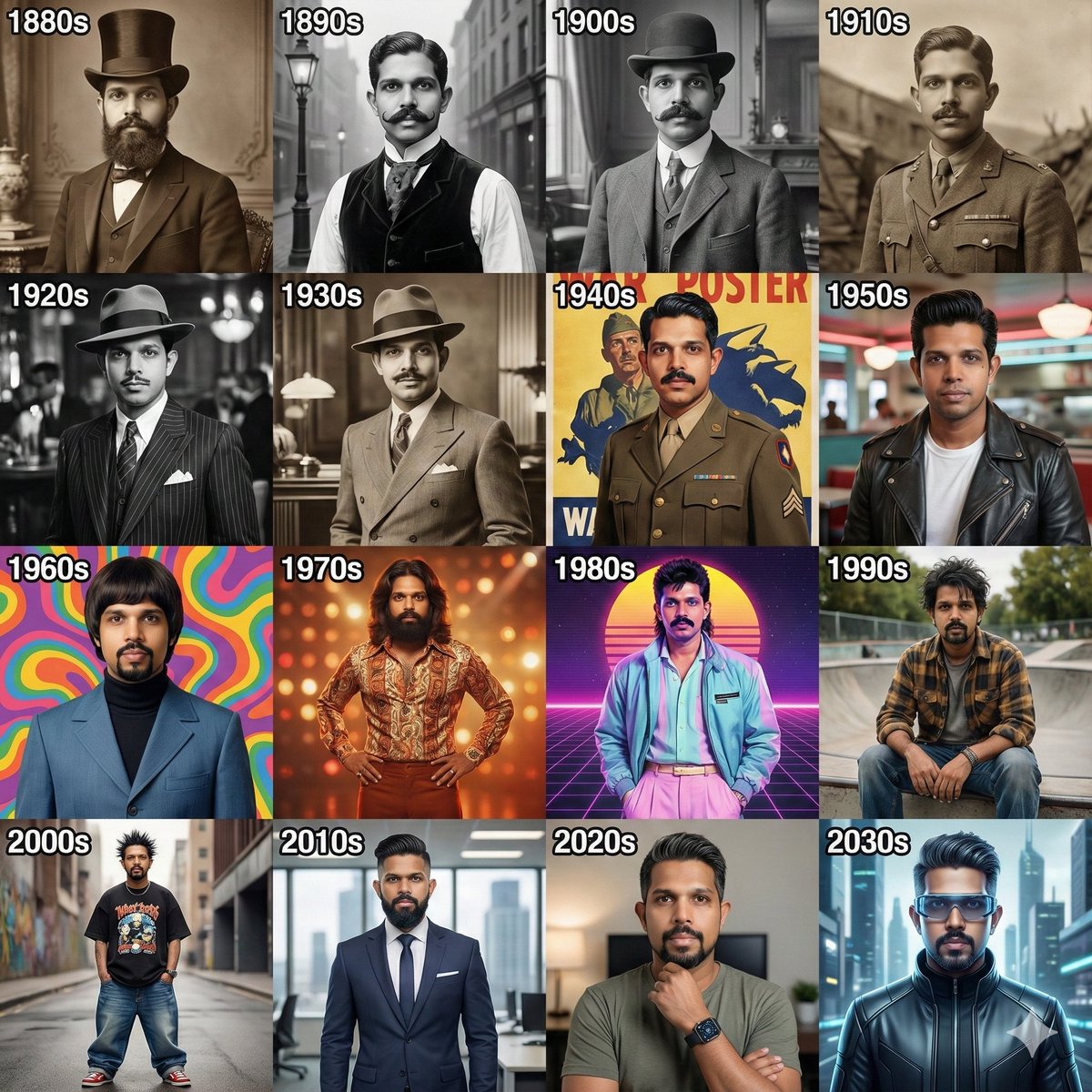 Make a 4×4 grid starting with the 1880s. In each section, I should appear sty...