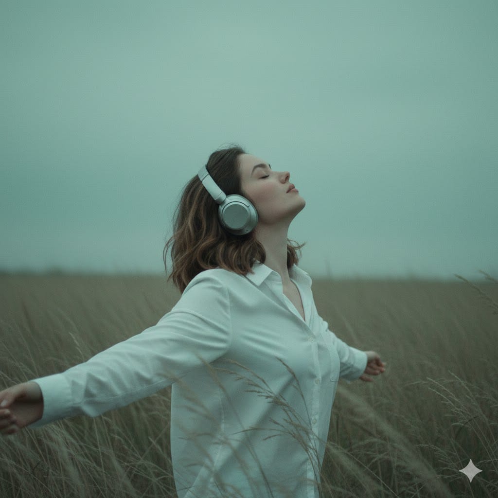 "moody cinematic portrait, lone young man in tall grass field at dusk, overca...