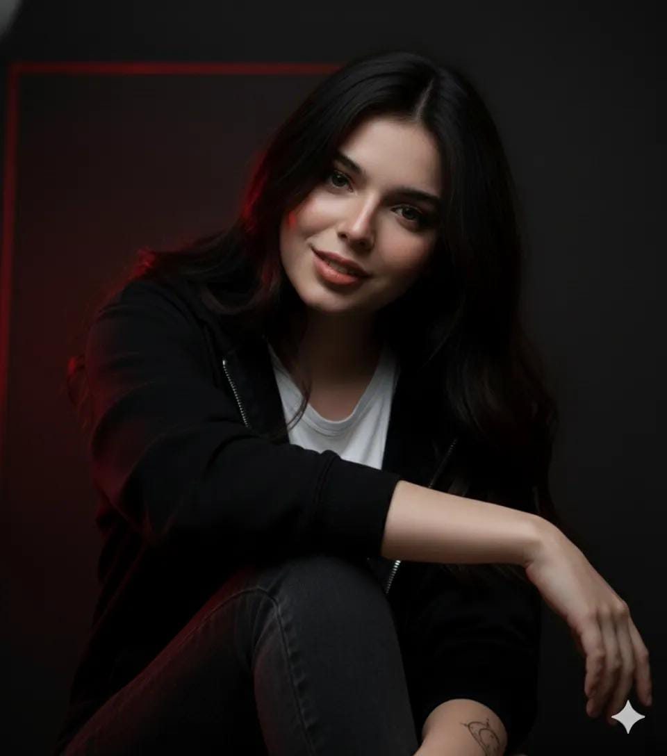 A young woman with dark wavy hair sits in a black hoodie partially open over ...