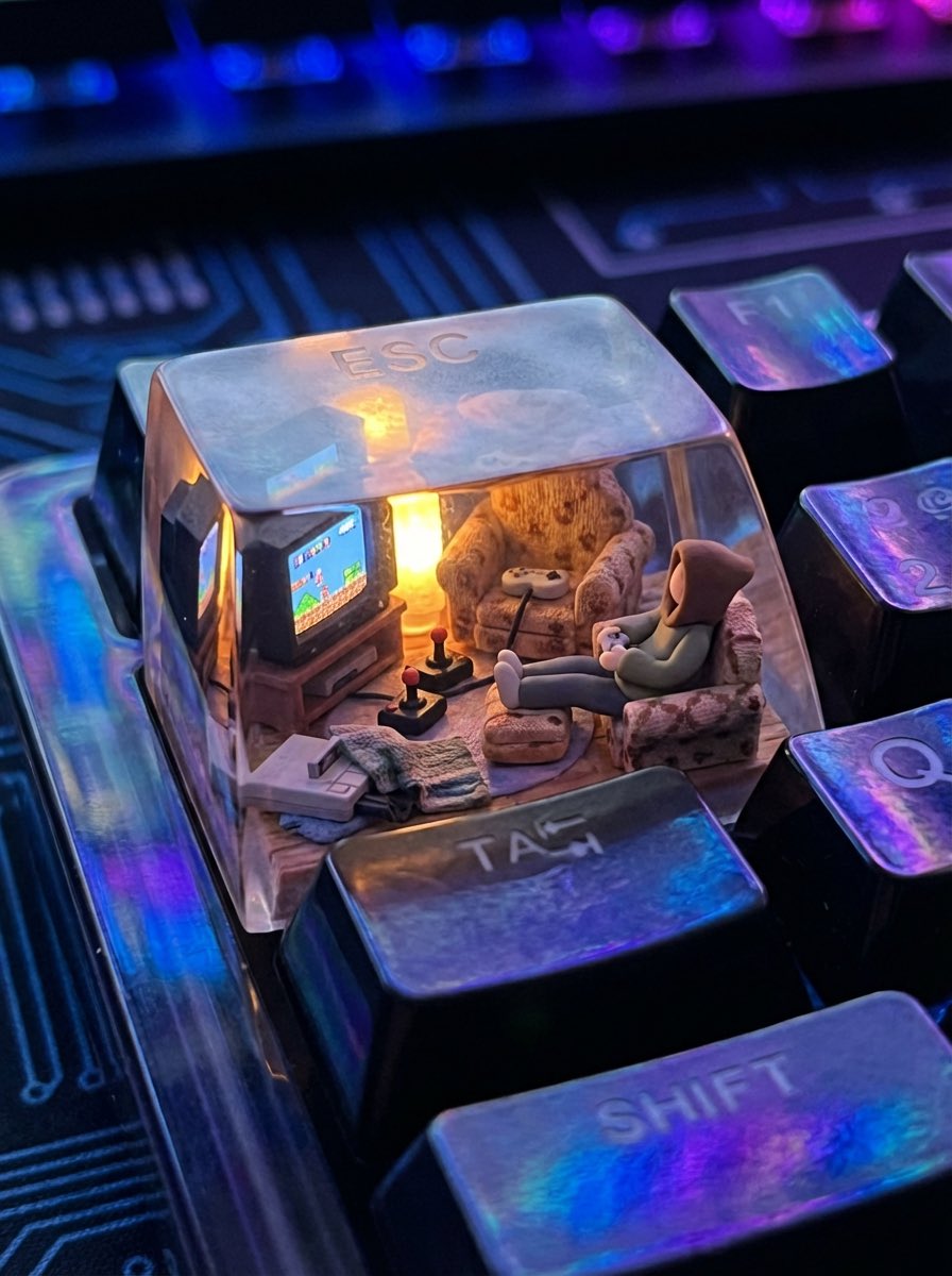A photorealistic ESC keycap scene shows a miniature cozy living room from 90s...