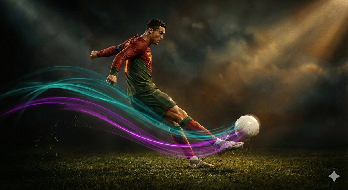 A slow-motion cinematic video in Renaissance painting style showing a soccer ...
