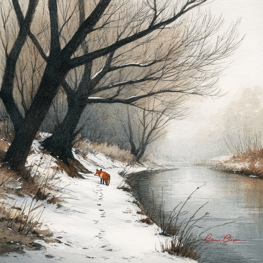 A quiet riverside path dusted with the first snow of the season. Bare branche...