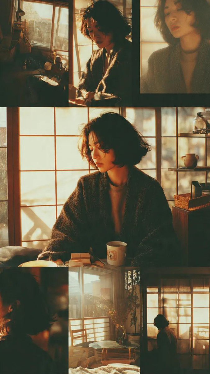 Japanese photo collage, young woman in cozy living room, morning sunlight, sh...