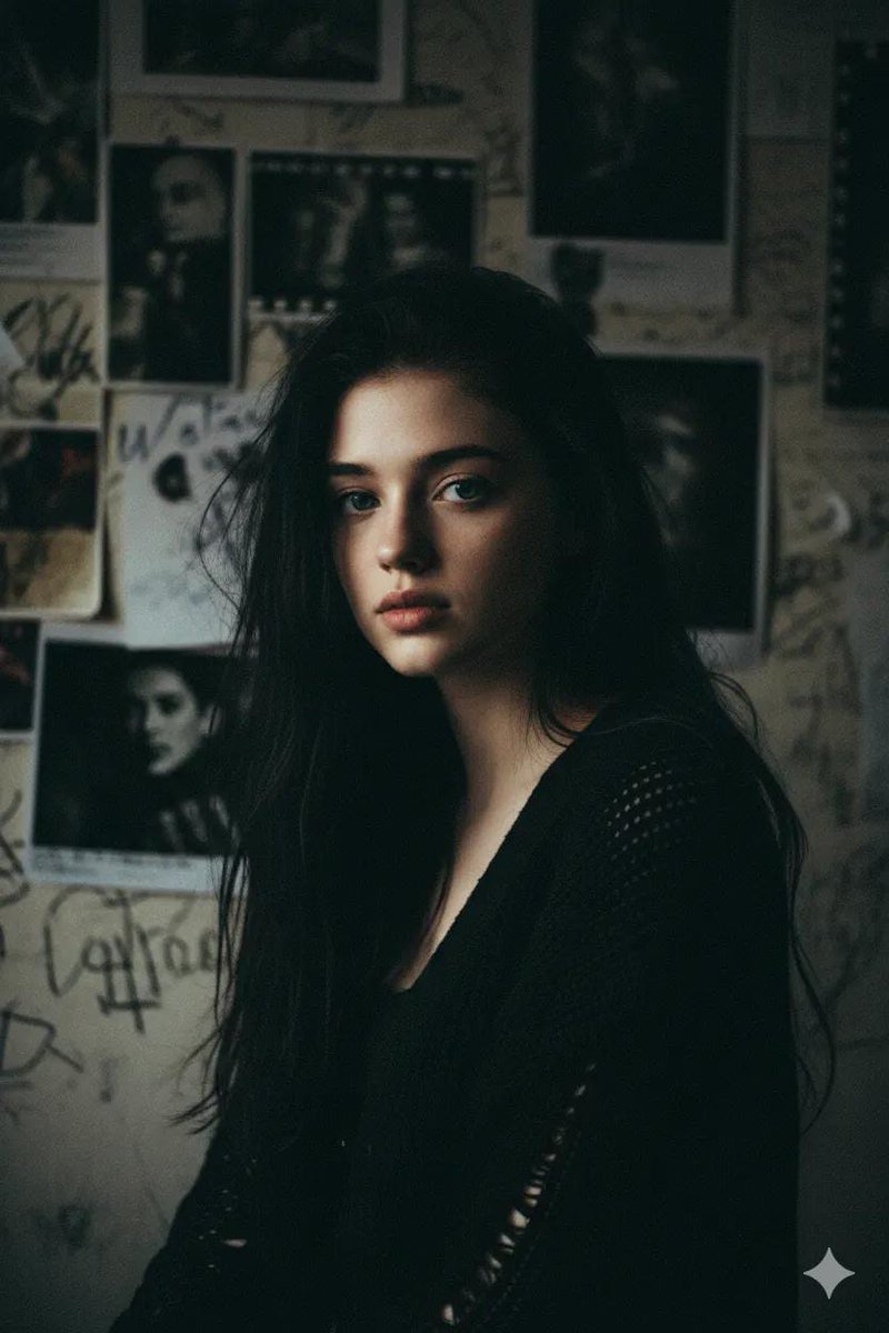 Same face preserved, shot in near-dark with only a dim window glow hitting on...