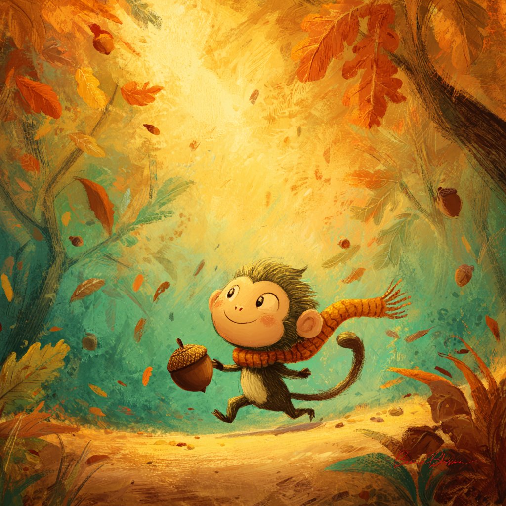 A tiny monkey wearing a knitted scarf rolls a giant acorn down a forest path,...