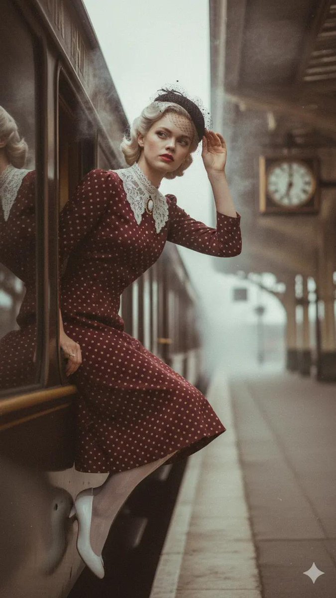 Narrative, cinematic photofray ,woman in a deep burgundy polka dot dree with ...