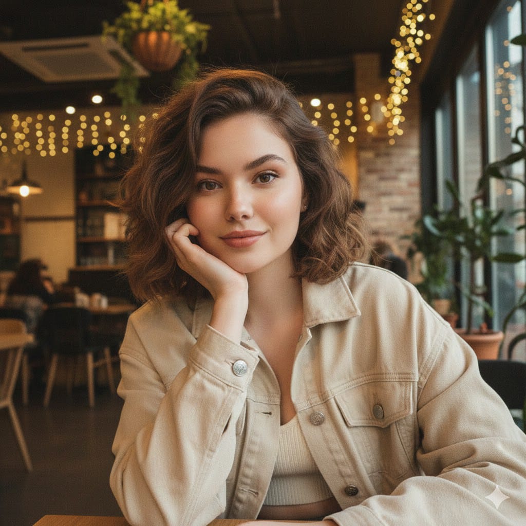 Generate a 8k Instagram-style portrait of an Indian woman sitting in a trendy...