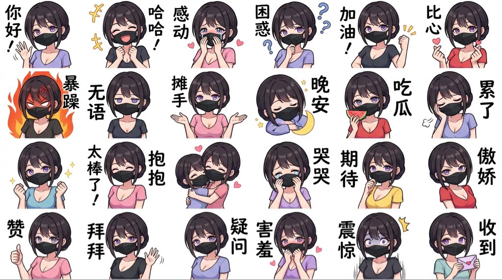为我生成图中角色的绘制 Q 版的，LINE 风格的半身像表情包，注意头饰要正确 彩色手绘风格，使用 4x6 布局，涵盖各种各样的常用聊天语句，或是一些有关...