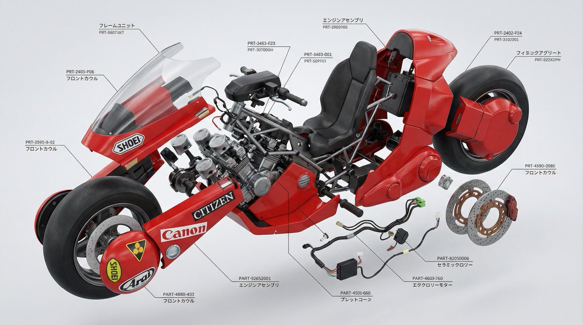 Generate an ultra-detailed, hyperrealistic exploded technical view of Kaneda’...