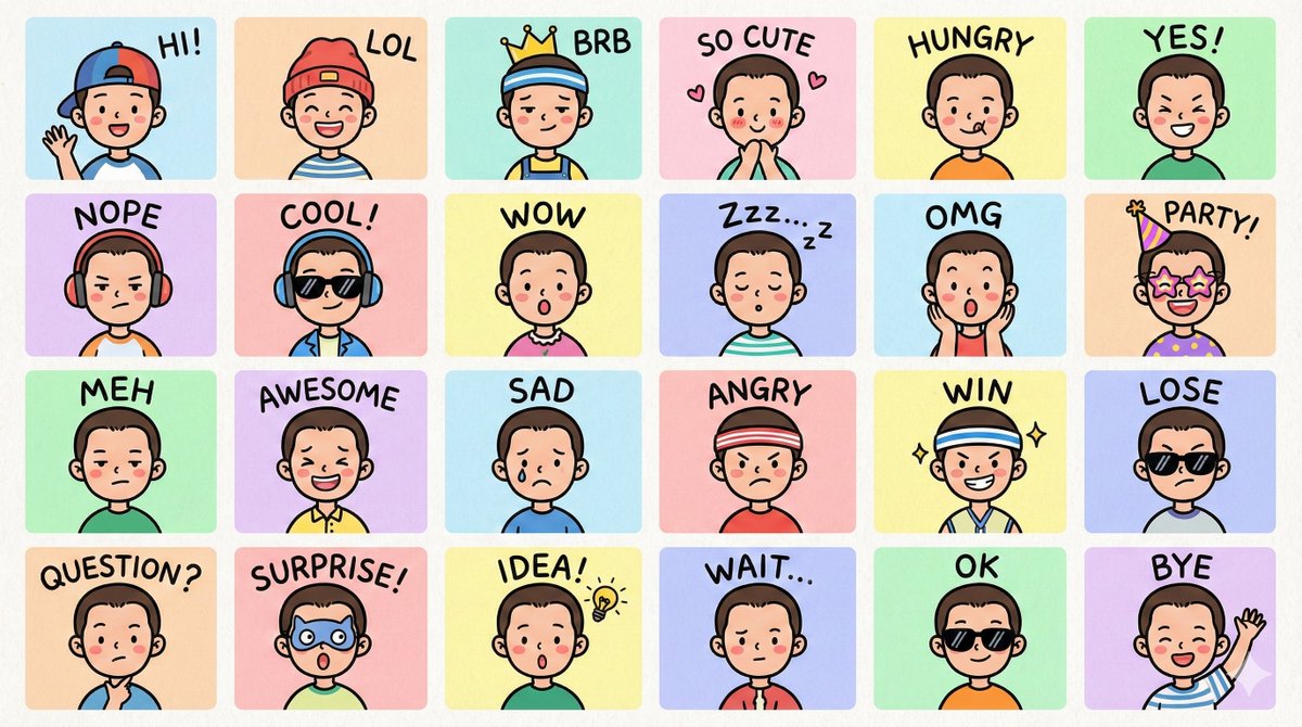 Create a set of colorful, hand-drawn LINE-style half-body Q-version emoji por...