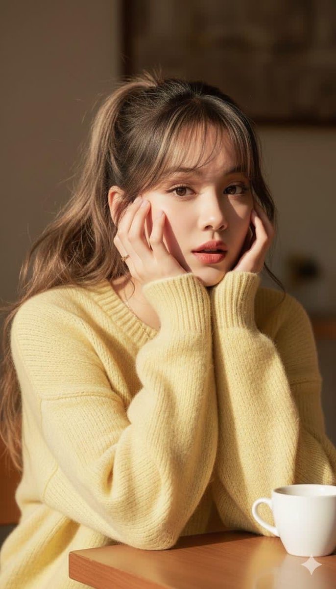 A high-resolution photorealistic portrait of a young woman sitting at a woode...