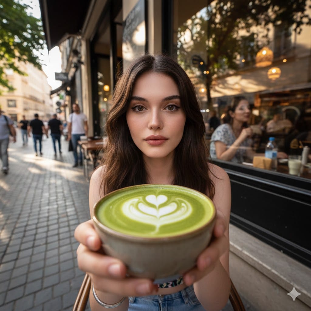 Create a hyper-realistic wide-angle street-café POV photo featuring the attac...