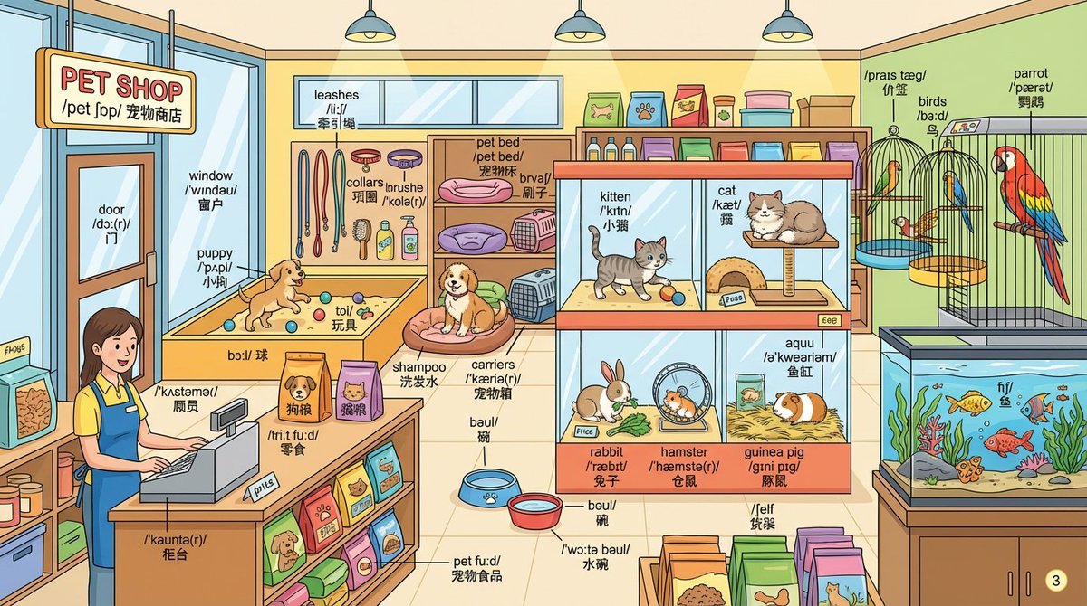 Draw a detailed {{pet shop}} scene and label every object with English words....