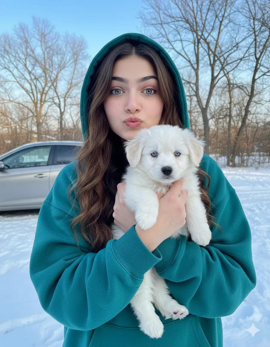 A young girl with long, wavy brown hair, wearing a teal hooded sweatshirt, ho...