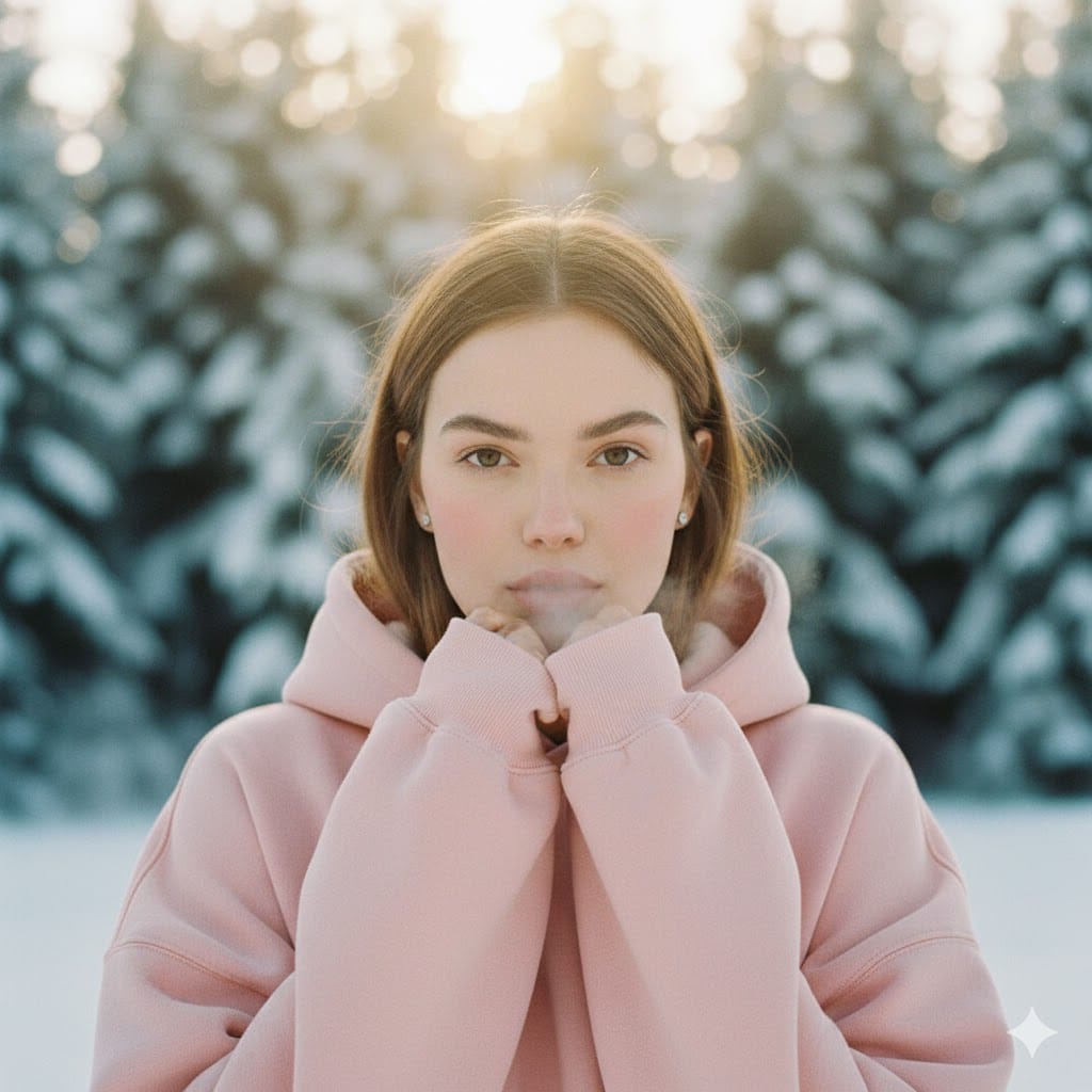 Cute and aesthetic winter portrait featuring a woman in an oversized pastel h...