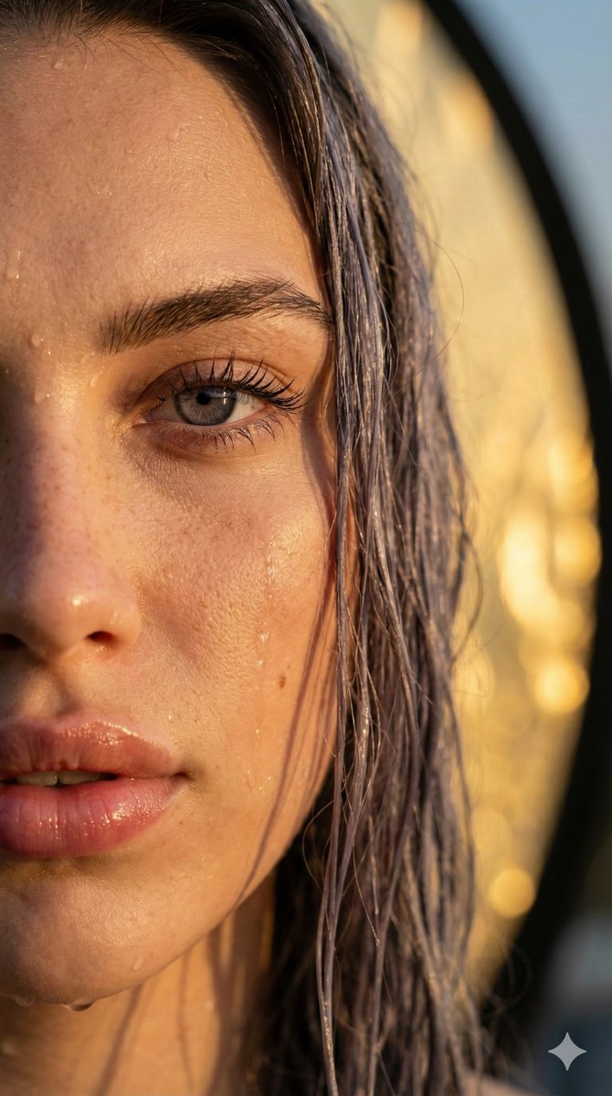 {"prompt_title":"Hyper-realistic Close-up Portrait (Wet Skin, Golden Hour)","...