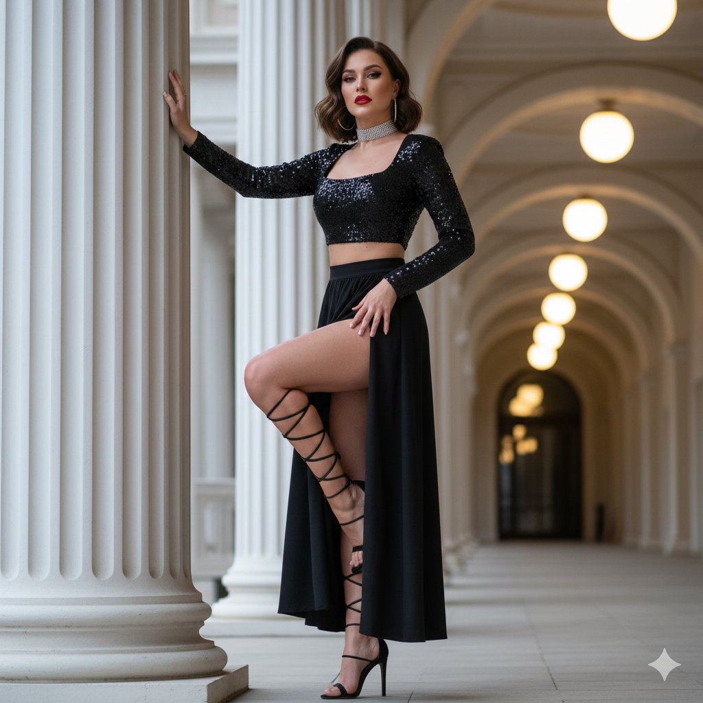 {"subject":"woman posing confidently against a pillar","outfit":{"color":"all...