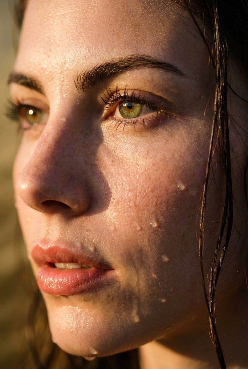 {"prompt_title":"Hyper-realistic Close-up Portrait (Wet Skin, Golden Hour)","...