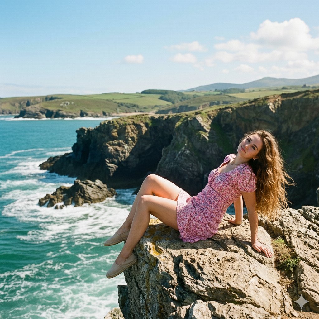 {"description":"A beautiful young woman reclining naturally on a rocky cliff ...