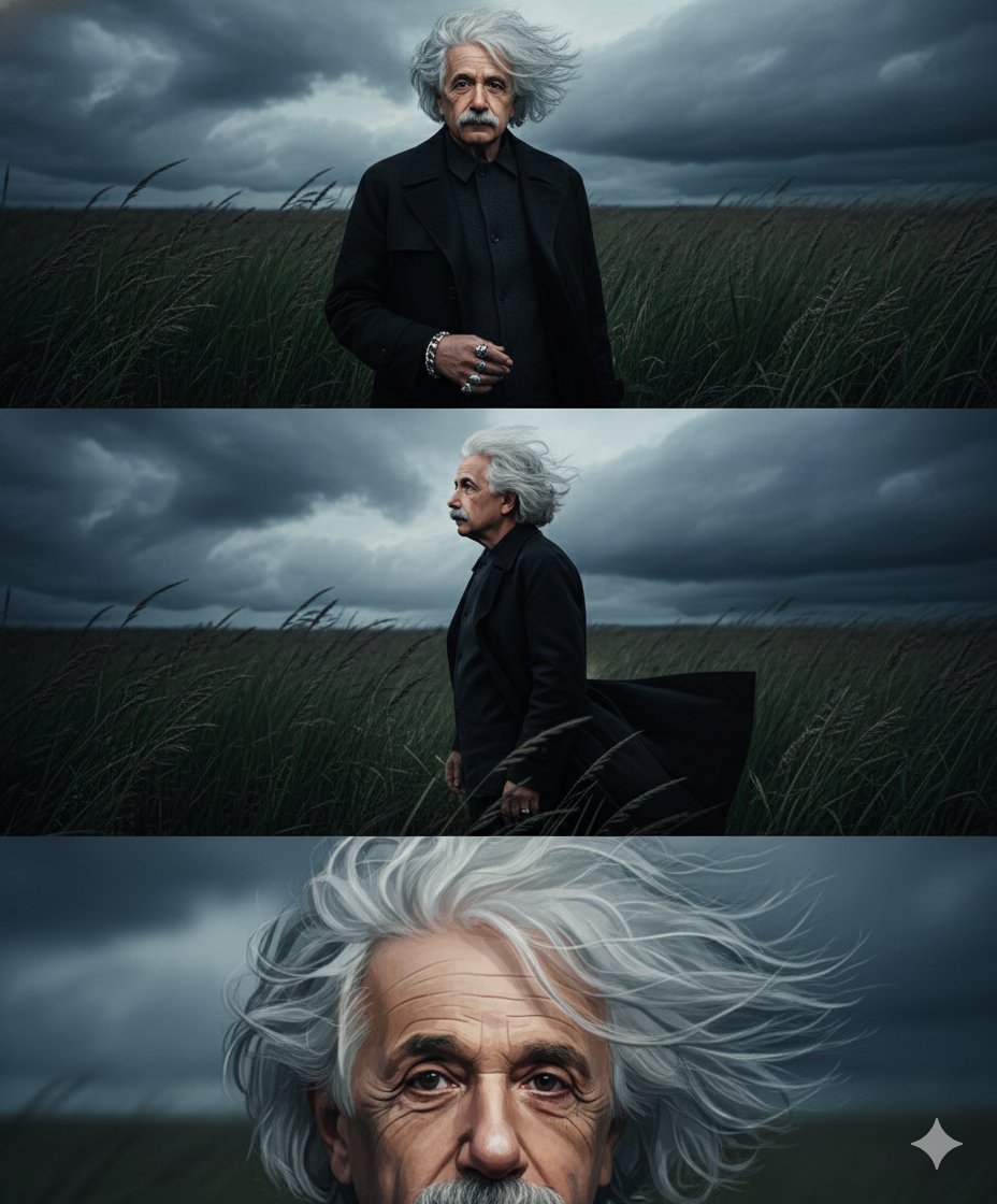 A moody triptych of a man (use 100% reference face) in a black long trench co...