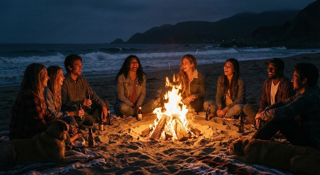 Beach Bonfire in California A low-light digital picture captures a group of f...
