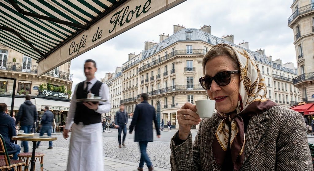 Parisian Cafe Terrace A digital photograph captures an older woman with sungl...