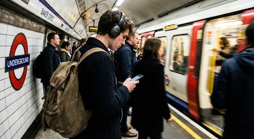London Underground Station A digital snapshot captures a student with a backp...