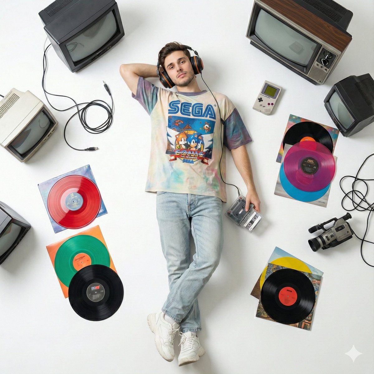 A top-down perspective of a young man lying on a clean white floor, styled in...