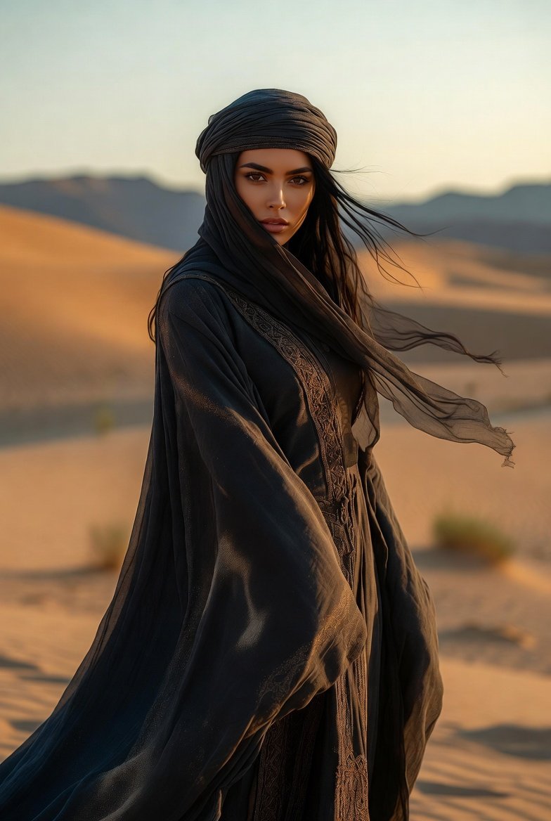 A mysterious woman stands alone in a vast golden desert at sunset, dressed in...