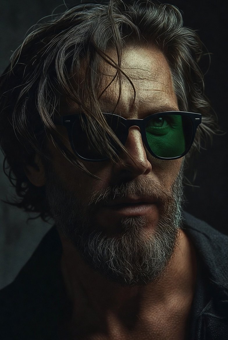 A rugged, intense close-up portrait of a middle-aged man with a textured bear...