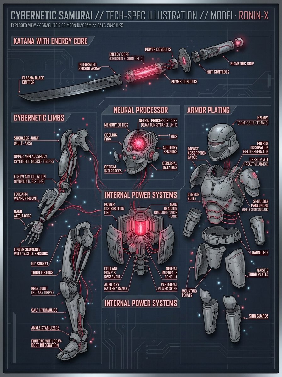 Create a detailed technical illustration of a Cybernetic Samurai, exploded in...