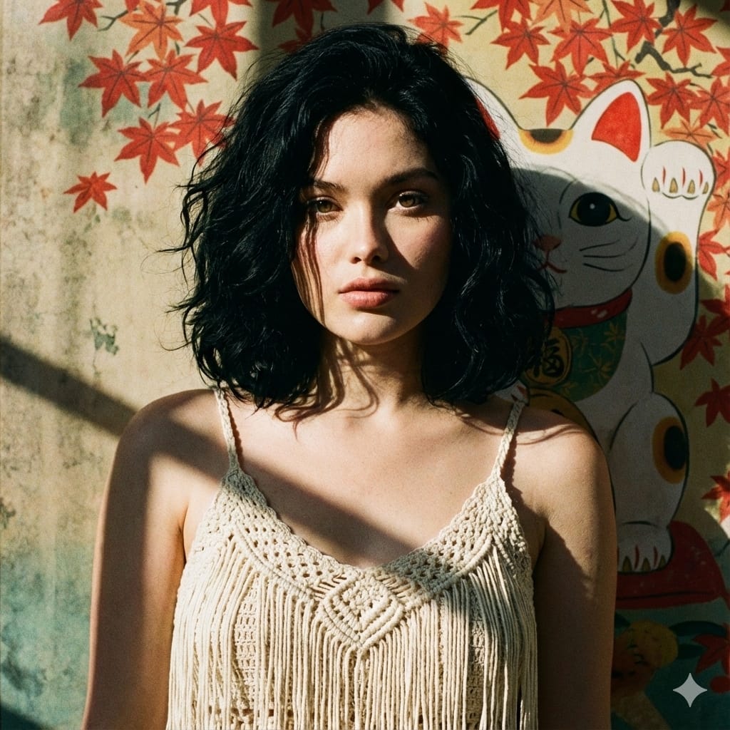 A vintage-style cinematic close-up portrait of a young Asian woman. She has s...