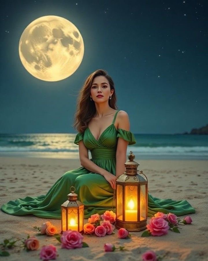 a woman sitting gracefully on a moonlit beach, wearing a flowing green off-th...