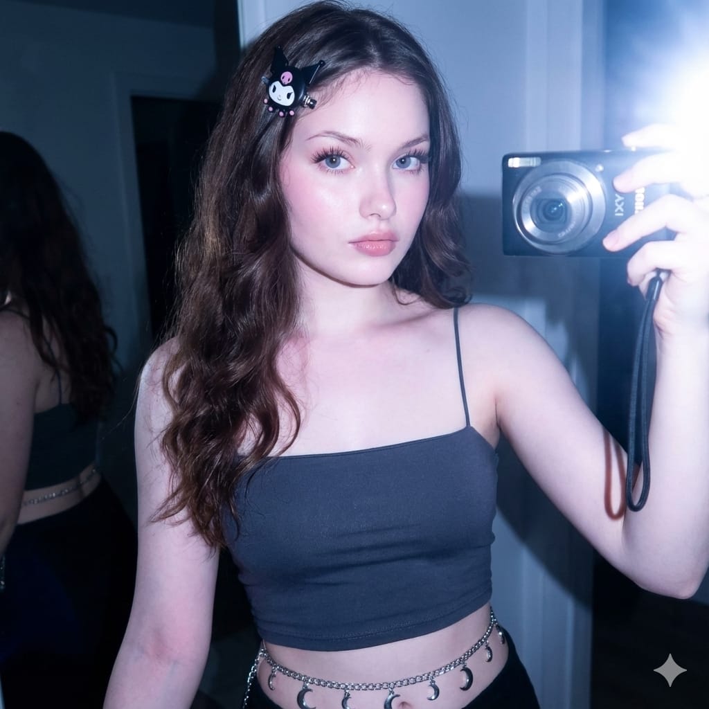 Create a portrait of a teenage girl with long, soft, wavy dark brown hair, wi...