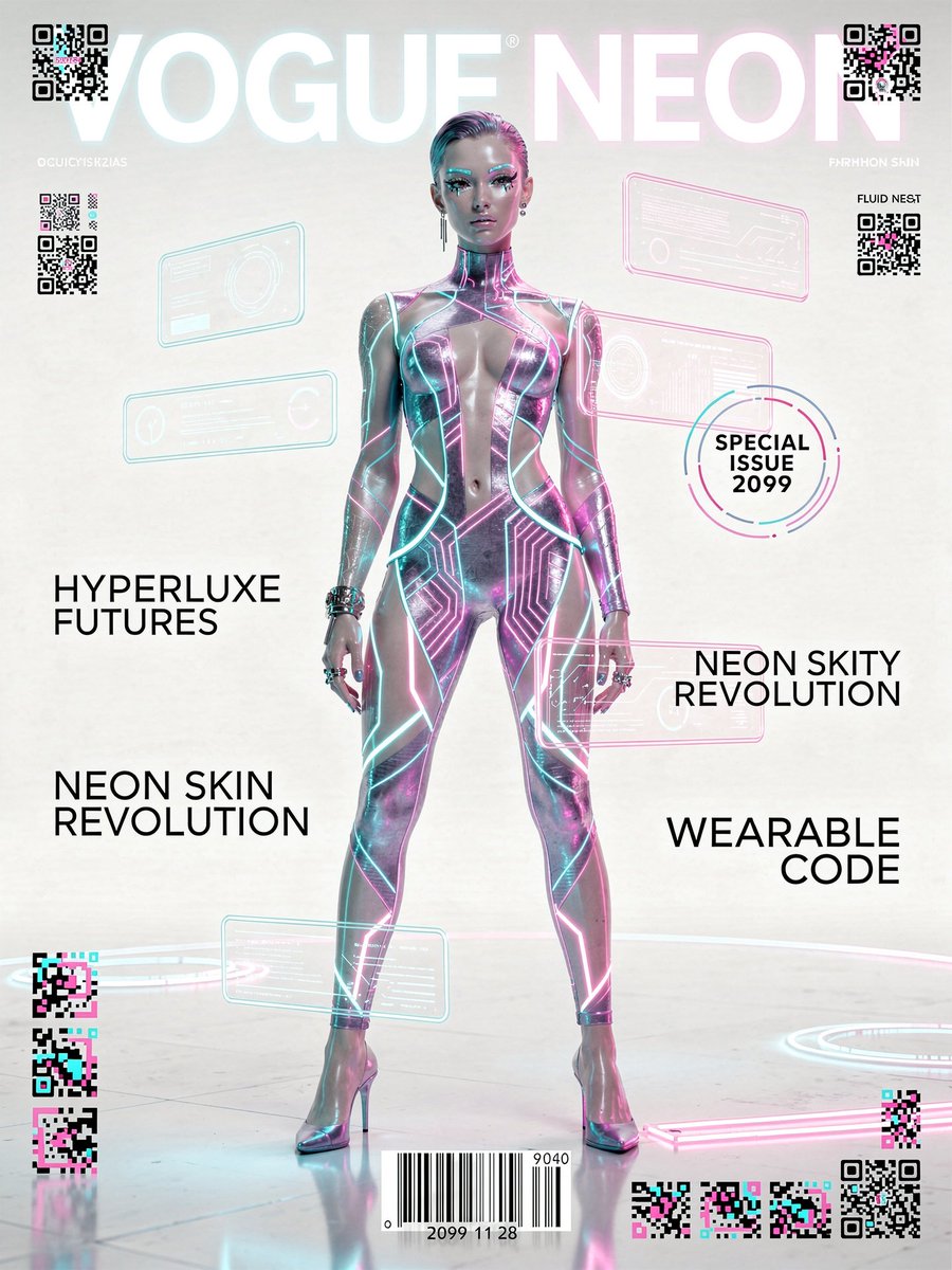Design a high-fashion magazine cover from the year 2099 titled "VOGUE NEON". ...