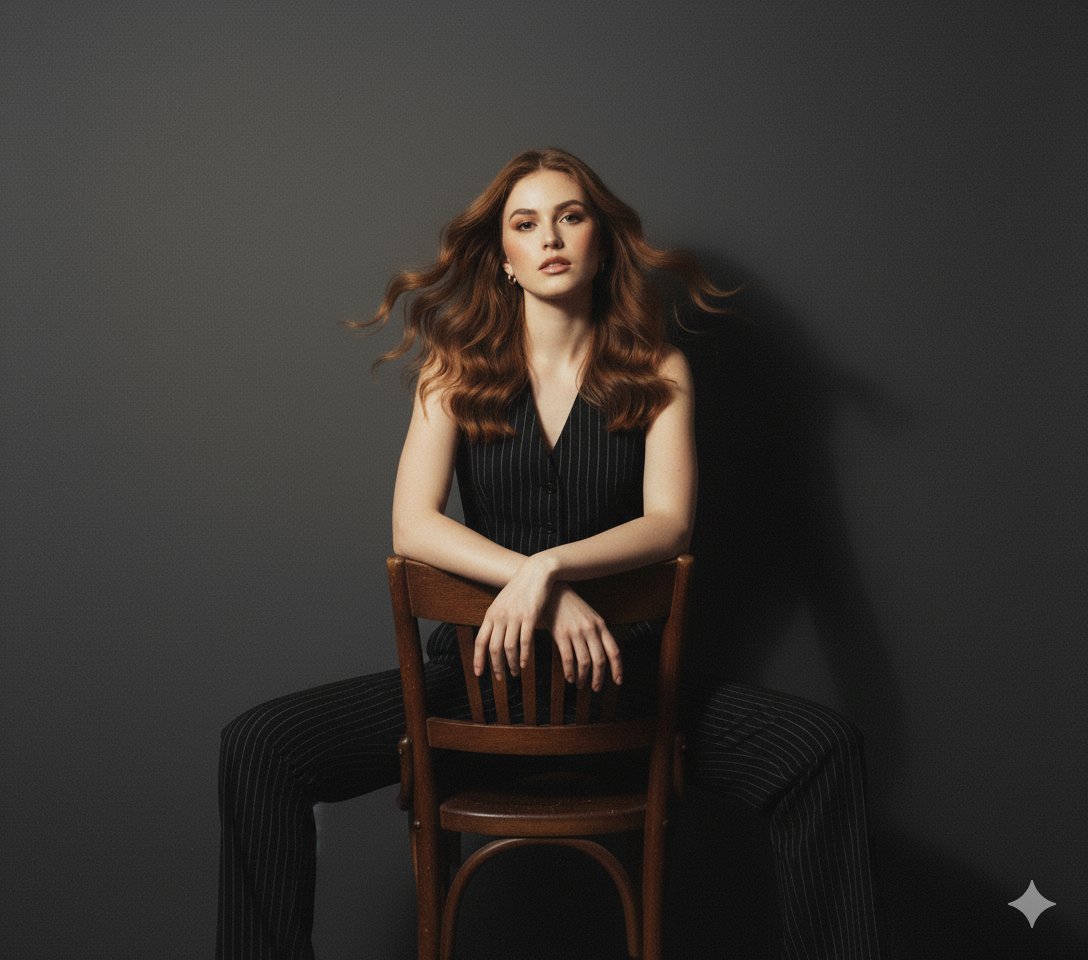 A stylish young woman standing against a plain solid wall, dressed in a tailo...