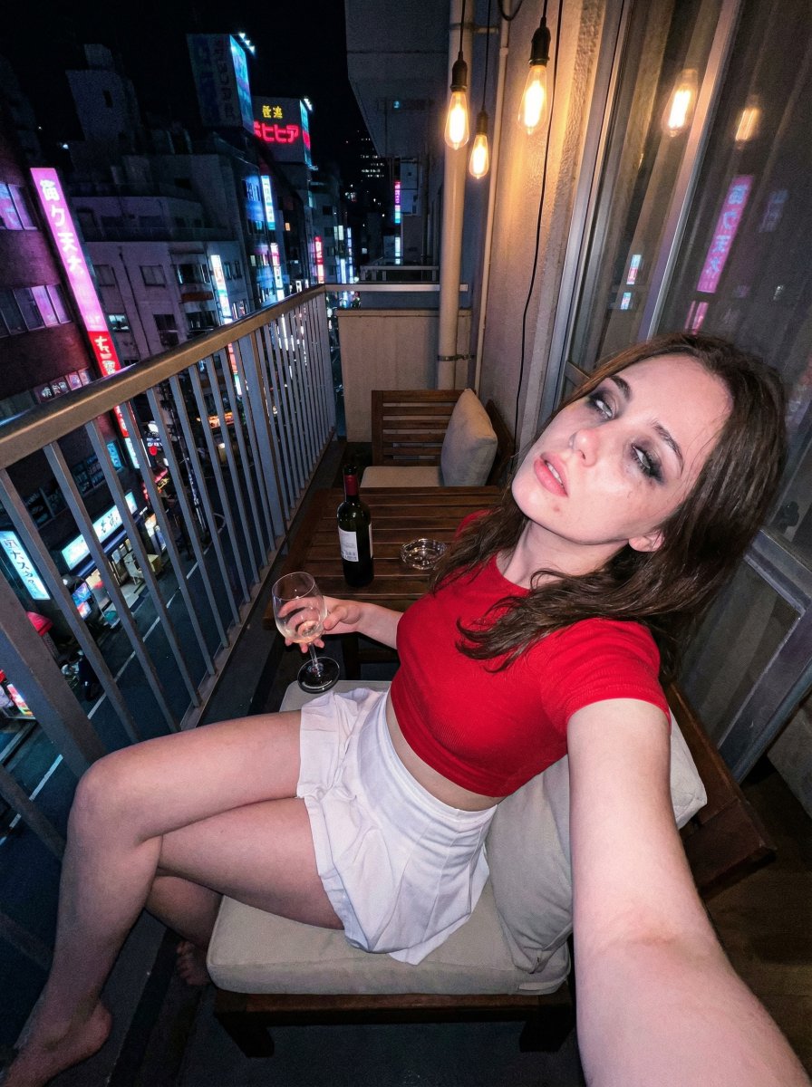 {"scene_type":"2am tokyo-vibe balcony selfie, sunk into chair, tipsy messy gl...