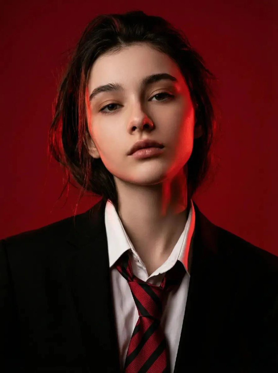 Create an Ultra-realistic 8k portrait, standing against a deep red background...