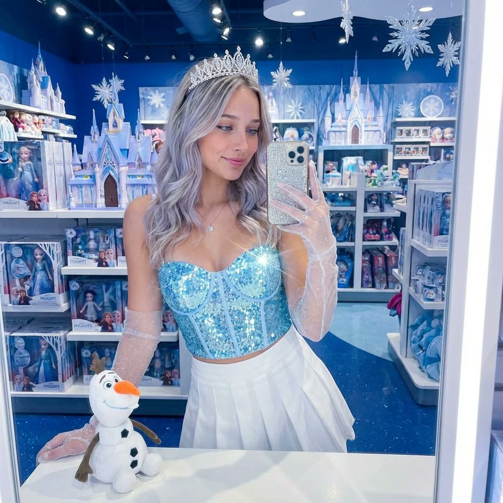 {"scene_description":"A dazzling, icy-themed mirror selfie of a stylish young...