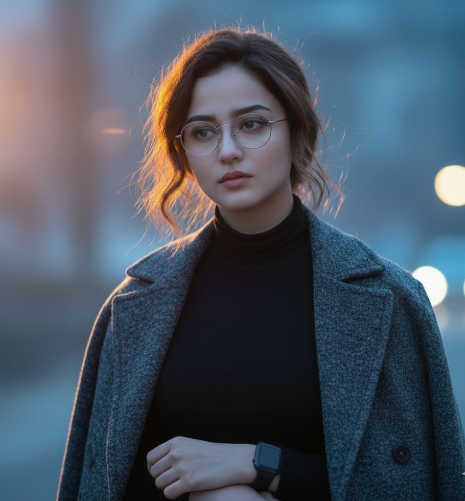 Ultra-realistic cinematic portrait of a young woman, standing outdoors in a q...