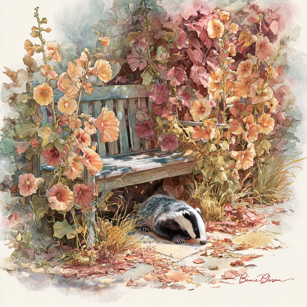 A small garden bench nestled among tall, rust-colored hollyhocks and fallen l...