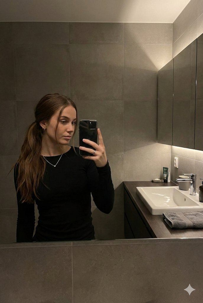 {"prompt":"A young woman with long chestnut-brown hair takes a mirror selfie ...