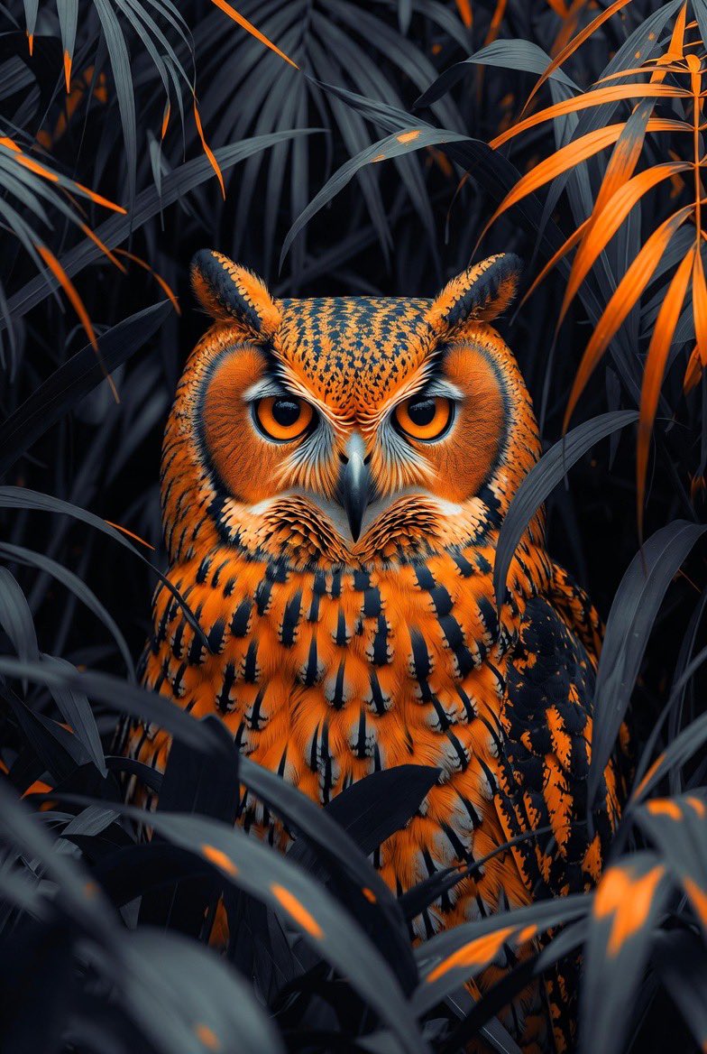 Hyper-detailed, ultra-realistic illustration of an owl emerging from dense ju...
