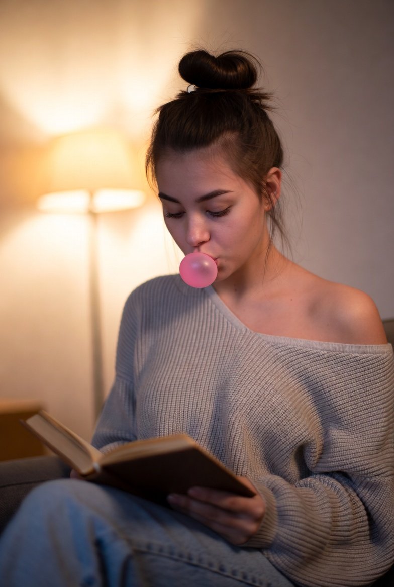 A cozy indoor portrait of a young woman sitting on a sofa, wearing a loose, o...