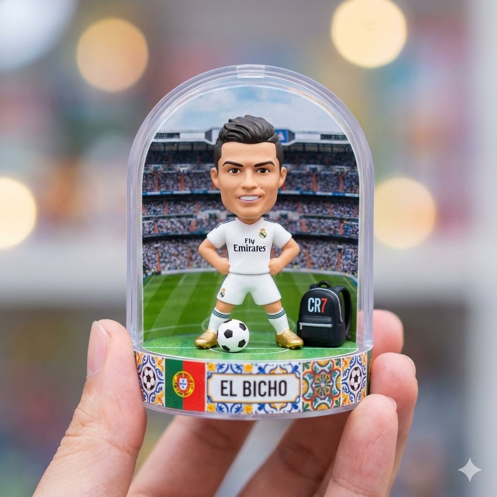 A detailed gashapon capsule diorama held between fingers, featuring Cristiano...