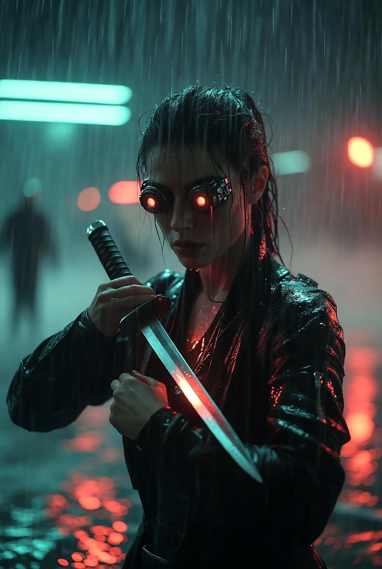 A cyberpunk female assassin stands in the pouring rain, gripping a glowing re...